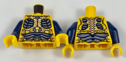 Lego Torso Parademon Armor Skeletal with Vertebrae, Dark Blue and Sand Blue Detail Pattern / Dark Blue Arms / Bright Light Orange Hands