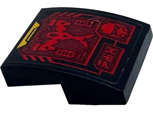 Lego Slope, Curved 2 x 2 x 2/3 with Dark Red Display Screen with Red Mech Storm Rider and Gold Armor Plate Pattern (Sticker) - Set 71830
