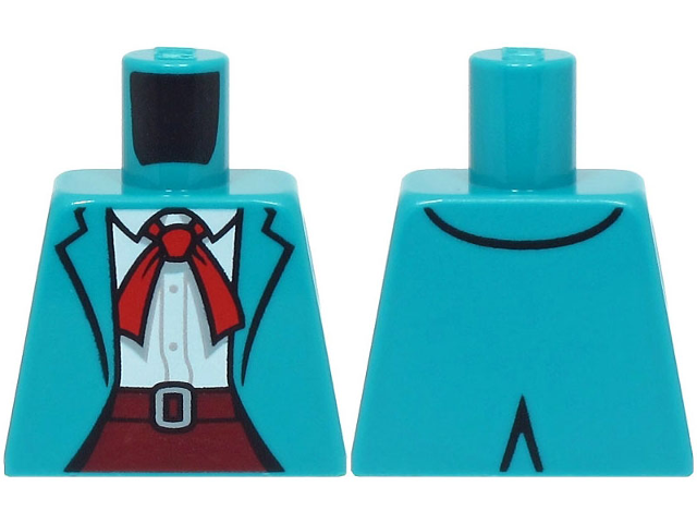Lego Torso Jacket Open over White Shirt with Buttons, Dark Red Skirt Top with Light Bluish Gray Buckle, Red Neckerchief Scarf Pattern / Dark Turquoise