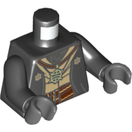 Lego Torso Jacket Open over Tan Shirt, Dark Bluish Gray Fur Neck, Pendant / Japanese Character on Back Print, Black Arms, Dark Bluish Gray Hands