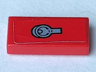 Lego Tile 1 x 2 with Silver Ring Latch on Red Background Pattern (Sticker) - Set 8156