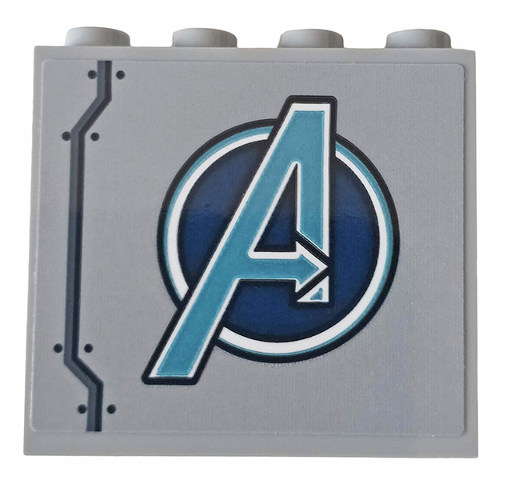 Lego Panel 1 x 4 x 3 with Side Supports - Hollow Studs with Metallic Light Blue Avengers Logo and Six Rivets Pattern Model Right Side (Sticker) - Set 76143