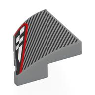 Lego Brick Wedged, Curved 2 x 2 with Stud Notch Right with Black Stripes, Black/White Headlight, Red Border Print