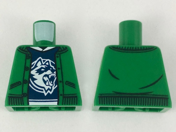 Lego Torso Jacket over Dark Blue Shirt with White Collar and Raccoon Logo Pattern / Green