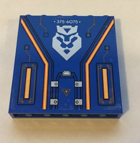 Lego Panel 1 x 6 x 5 with Silver '375-6075', Nexo Knights Emblem and Orange Circuitry Pattern (Sticker) - Set 70317 / Blue
