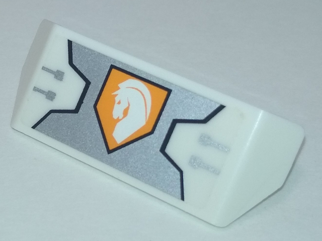 Lego Vehicle, Spoiler with Bar Handle with Silver Armor Plate, White Horse Head on Orange Hexagonal Shield Pattern (Sticker) - Set 70348