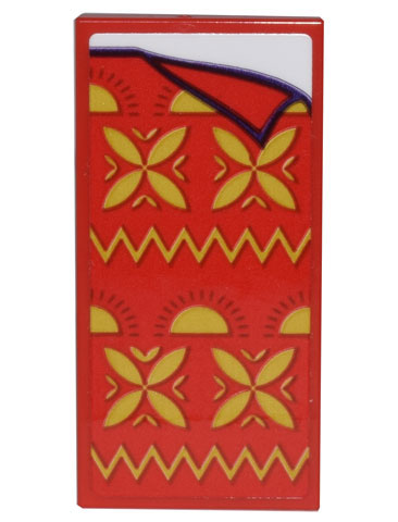 Lego Tile 2 x 4 with Red Blanket with Gold Geometric Flowers and Zigzags Pattern (Sticker) - Set 43205 / Red