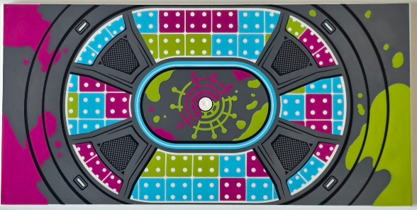 Lego Tile 8 x 16 with Bottom Tubes, Textured Surface with Dark Bluish Gray Background and Black Round Outlines, Magenta, Lime, Medium Azure and White Dance Floor Pattern / White