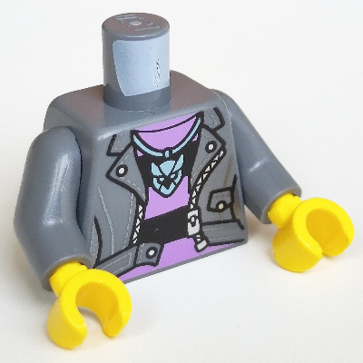 Lego Torso Jacket over Medium Lavender and Black Striped Shirt, Zipper, Necklace, Back Print, Dark Bluish Gray Arms, Yellow Hands / Dark Bluish Gray