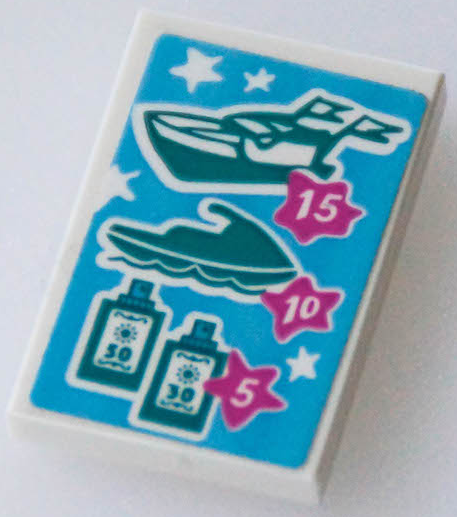 Lego Tile 2 x 3 with Number 15, 10 and 5 in Dark Pink Stars, Dark Turquoise Boat, Jet Ski and Sunscreen Bottles Pattern (Sticker) - Set 41433 / White