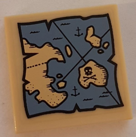 Lego Tile 2 x 2 with Map with Blue Water, Tan Land, Anchor and Skull with Crossed Bones Pattern (Sticker) - Set 70810 / Tan