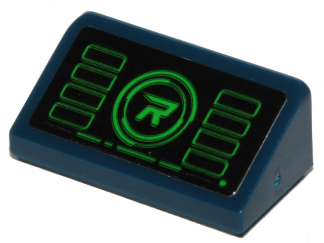 Lego Slope 30 1 x 2 x 2/3 with Black Monitor with Green Rectangles and 'R' in Circle Pattern (Sticker) - Set 70839 / Dark Blue