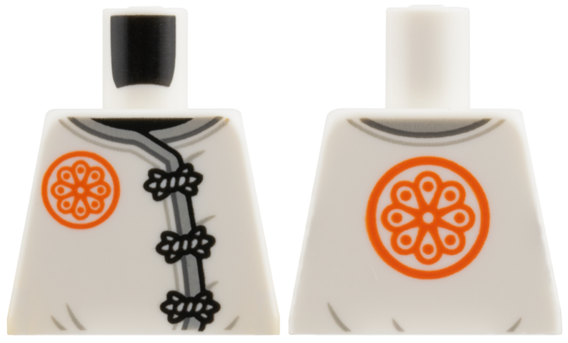 Lego Torso Tang with Frog Clasps, Light Bluish Gray Hem, Reddish Orange Flower Logo on Front and Back Pattern / White