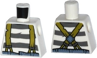 Lego Torso Town Prisoner Olive Green Suspenders over Shirt with Dark Bluish Gray Prison Stripes Pattern / White