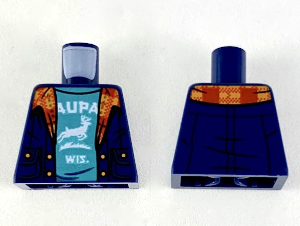 Lego Torso Jacket with Plaid Collar, Dark Turquoise Shirt with White 'AUPA WIS' and Buck Pattern / Dark Blue