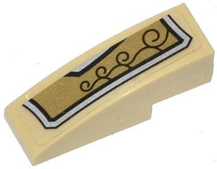 Lego Slope, Curved 3 x 1 with Gold and Silver Armor Plate with 4 Black Swirls Pattern Model Right Side (Sticker) - Set 70123 / Tan