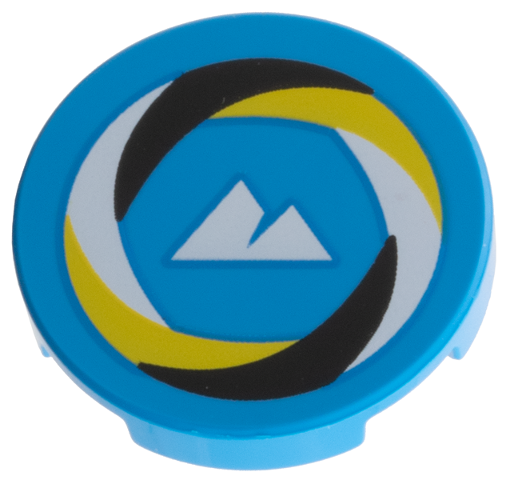 Lego Tile, Round 2 x 2 with Bottom Stud Holder with Black, White, and Yellow Swirl Border, White Sport Mountains Logo Pattern / Dark Azure