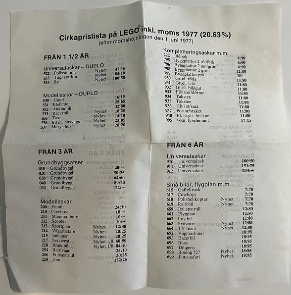 Lego 1977 Swedish Cirkaprislista på LEGO (price list)