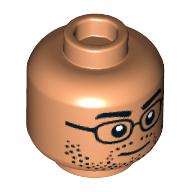 Lego Minifig Head Black Glasses, Black Stubbled Beard, Worried/Scared Print / Nougat