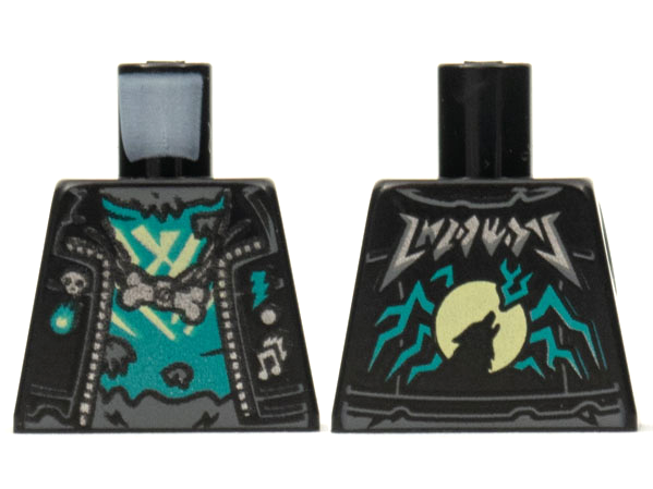Lego Torso Biker Jacket, Dark Turquoise and Pearl Dark Gray Trim, Dark Turquoise Tattered Shirt, Bone Pendant Pattern / Black