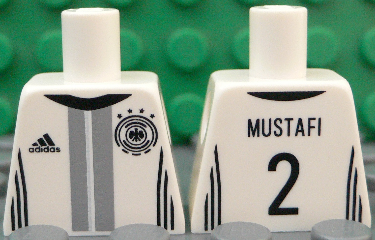 Lego Torso Soccer Shirt with Adidas Logo, 4 Stars and Eagle Front, 'MUSTAFI 2' Back Pattern / White