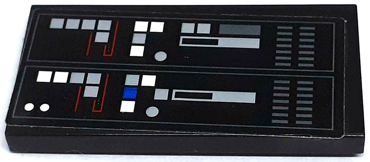 Lego Tile 2 x 4 with SW Inquisitor Transport Scythe Control Panel with Light Bluish Gray, White and Blue Dots and Squares Pattern (Sticker) - Set 75336 / Black