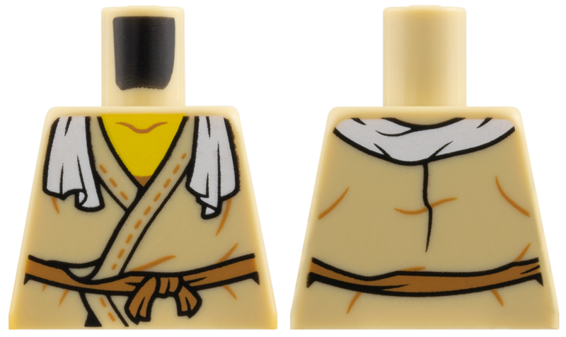 Lego Torso Tunic, Yellow Neck, White Rag over Shoulders, Medium Nougat Stitching and Belt Pattern / Tan