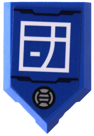 Lego Tile, Modified 2 x 3 Pentagonal with White Ninjago Logogram Letter J in Square, Silver Circle and Dark Blue Armor Outline Pattern (Sticker) - Set 71785