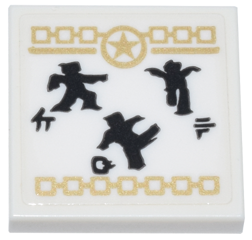 Lego Tile 2 x 2 with Gold Star and Squares Border, Black Ninja Minifigures and Ninjago Logogram Letters C, N and G Pattern (Sticker) - Set 70657 / White