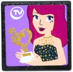 Lego Road Sign 2 x 2 Square with Open O Clip with 'TV' and Friends Livi with Music Trophy on Screen Pattern (Sticker) - Set 41107 / Black