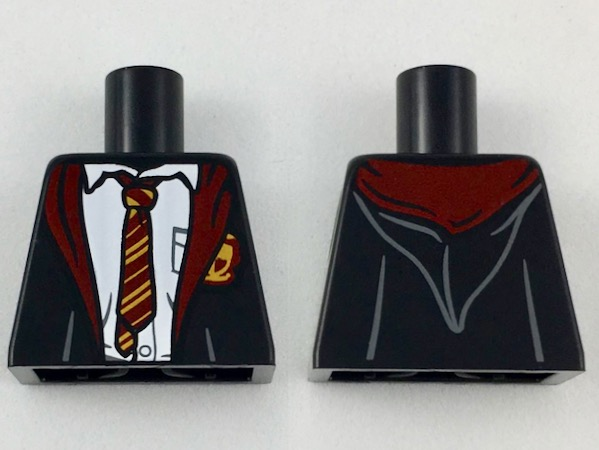Lego Torso Hogwarts Robe over White Shirt, Dark Red and Bright Light Orange Rumpled Tie and Trim Pattern / Black