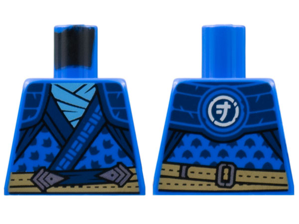 Lego Torso Tunic, Dark Blue Hems and Leaves, Shoulder Pads, Bright Light Blue Scarf, Dark Tan Belt Pattern / Blue