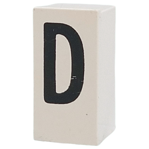 Lego Tile Special 1 x 2 x 5/6 with Stud Hole in End with 'D' Print / White