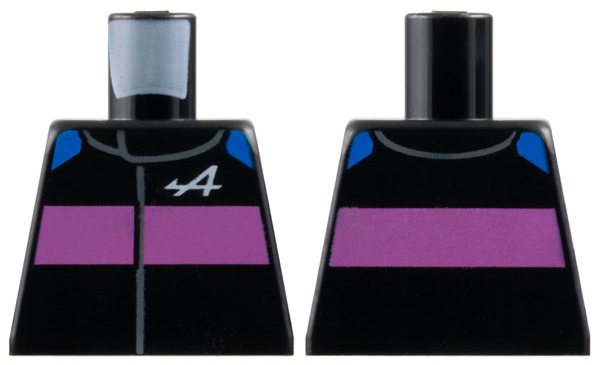 Lego Torso Racing Suit with Blue Shoulders, Dark Pink Stripe and Alpine Formula 1 Logo Stylized White Capital Letter A Pattern / Black