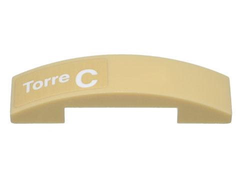 Lego Slope, Curved 4 x 1 x 2/3 Double with White 'Torre C' Pattern Model Right Side (Sticker) - Set 10299 / Tan