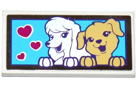 Lego Tile 2 x 4 with 2 Dogs and 3 Magenta Hearts on Medium Azure Background Pattern (Sticker) - Set 41124