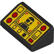 Lego Brick Sloped 30° 1 x 2 x 2/3 with Yellow Control Panel, Black Minifig, Red Buttons print / Black