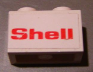 Lego Brick 1 x 2 with Red 'Shell' on White Background Pattern (Sticker) - Set 7813 / White