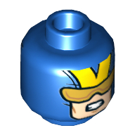 Lego Minifig Head Giant-Man (Hank Pym), Glasses with Gold Lenses, Open Mouth Scowl with Teeth, V on Back Print [Hollow Stud] / Blue