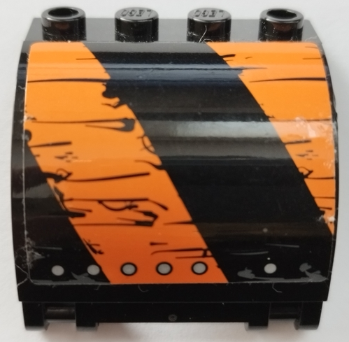 Lego Panel 3 x 4 x 3 Curved with Double Clip Hinge with Worn Black and Orange Stripes, Silver Rivets Pattern Model Left Side (Sticker) - Set 70654 / Black