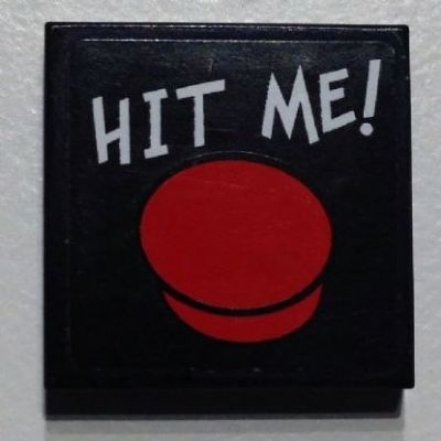 Lego Tile 2 x 2 with White 'HIT ME!' and Red Button Pattern (Sticker) - Set 7886