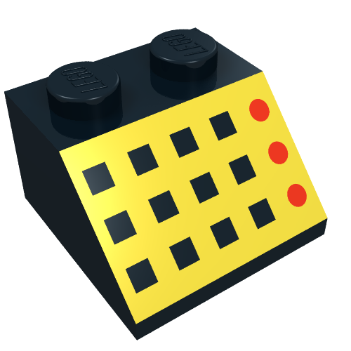 Lego Brick Sloped 45° 2 x 2 with 12 Buttons, 3 Red Lamps, Yellow Panel Print / Black