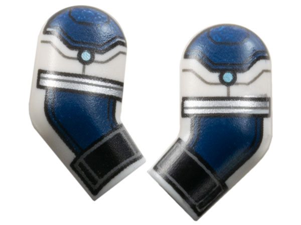 Lego Arm, (Matching Left and Right) Pair with Black Cuffs, Dark Blue Armor, Metallic Light Blue Dots, and Silver Trim Pattern / White