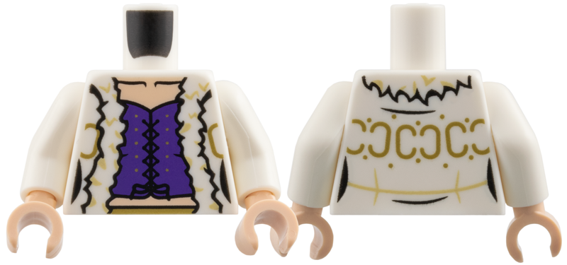 Lego Torso Female Jacket with Gold Trim, Light Nougat Neck, Dark Purple Corset Pattern / White Arms / Light Nougat Hands
