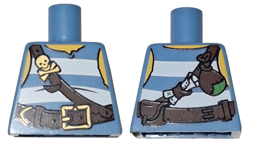 Lego Torso Pirate Tank Top with White Horizontal Stripes, Dark Brown Belts with Gold Buckle and Skull and Crossbones Clasp, Yellow Neck and Shoulders Pattern / Medium Blue