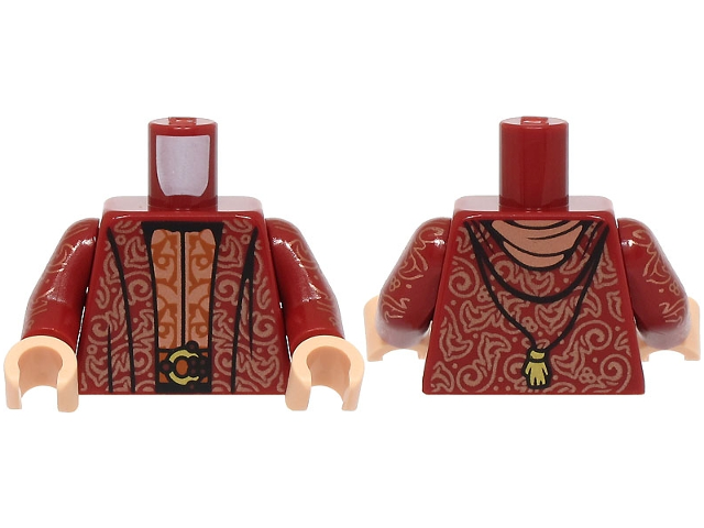 Lego Torso Robe with Hood, Copper Filigree, Dark Orange Belt with Gold Buckle Pattern / Dark Red Arms with Copper Filigree Pattern / Light Nougat Hands
