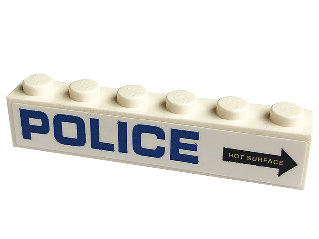 Lego Brick 1 x 6 with Blue 'POLICE' and Black Arrow with 'HOT SURFACE' Pattern Model Left Side (Sticker) - Set 60173 / White