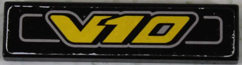 Lego Tile 1 x 4 with Yellow 'V10' Pattern (Sticker) - Set 8458