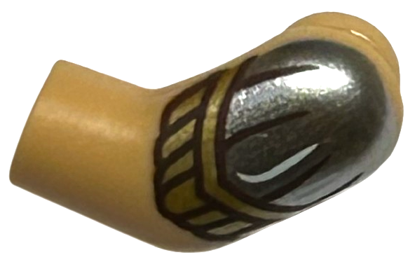 Lego Arm, Left with Silver Shoulder with White and Dark Brown Lines and Gold Armor Pattern / Warm Tan