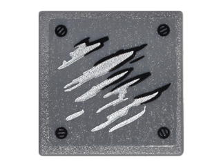 Lego Road Sign 2 x 2 Square with Open O Clip with Black and Silver Scratches and Screw Heads Pattern 1 (Sticker) - Set 76050 / Dark Bluish Gray